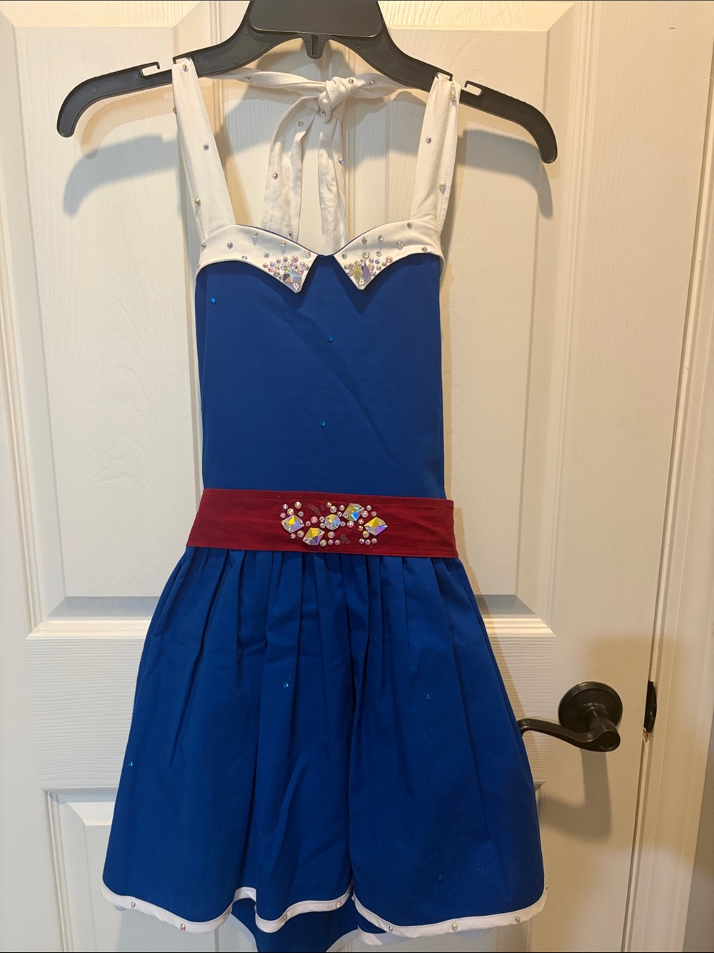 Girls Blue and White Halter Dress with Burgundy Waist Accent